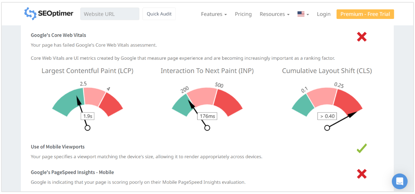 Pontuações do Core Web Vitals na auditoria de SEO